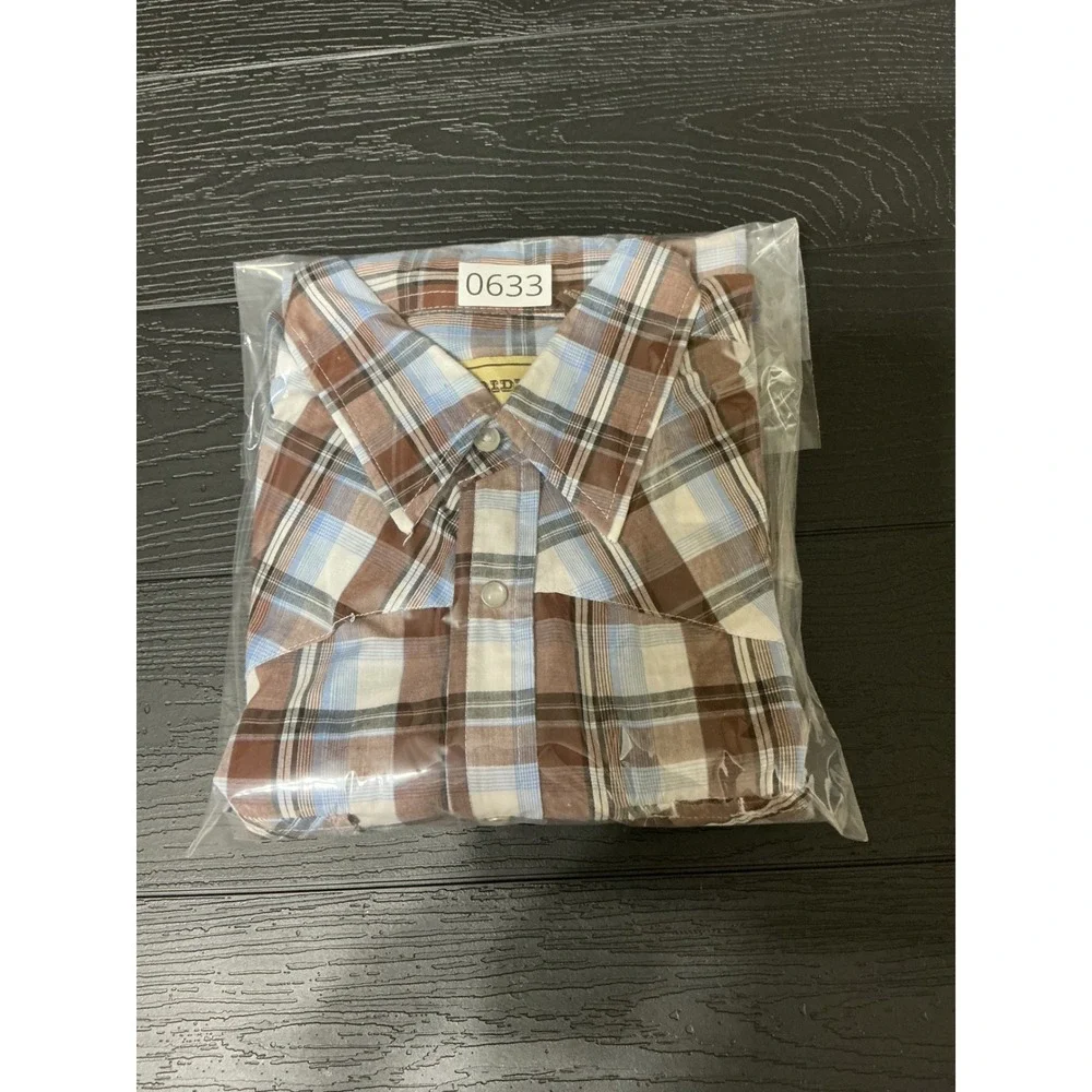Bit & Bridle Mens Large Plaid Western Pearl Snap Shirt Brown Blue Short Sleeve